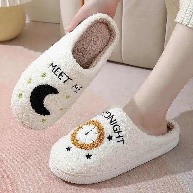 Chaussons d'intérieur imprimés lune et horloge, pantoufles chaudes d'hiver pour chambre à coucher pour femmes