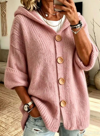Women's Solid-Color Hooded Button-Down Cardigan Sweater