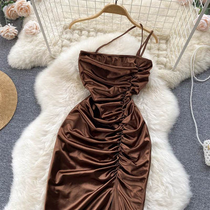 Elegant Women Sleeveless One shoulder Drawstring Satin Dress for Party, Wedding, Cocktail
