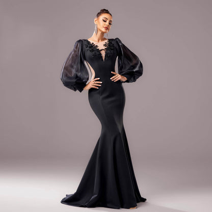 Lantern Sleeve Banquet Applique Sheath Fishtail Mermaid Dress