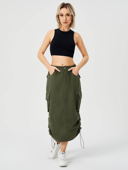 Women Casual Street wear High waisted Pencil Midi Cargo Skirt