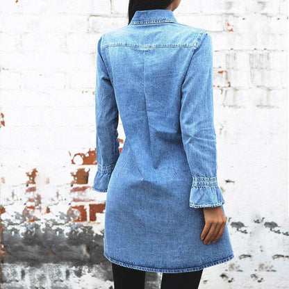Long Sleeve Denim Button down Mini Dress Fashion Jeans Dress Women