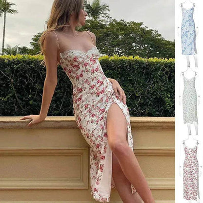 Women's Floral Spaghetti Strap Cami Dress Lace Trim Side Slit Bodycon Midi summer Dress