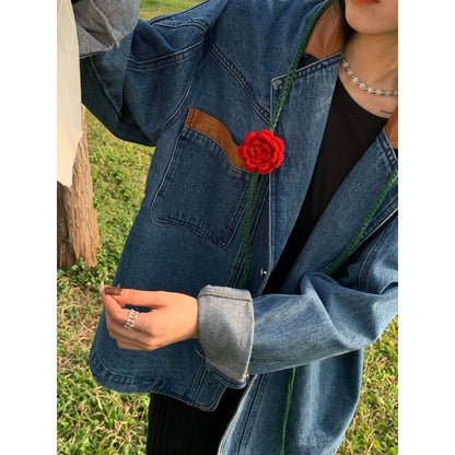 Plus Size Denim Jacket – Loose Fit Lapel Style in Denim Blue