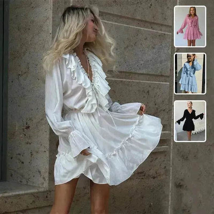 Robe plissée à volants et manches longues col en V style décontracté Y2K Robe patineuse courte col en V manches évasées Vêtements femme