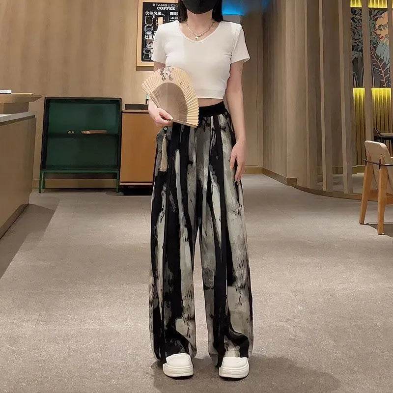 New Painting Ice Silk Wide-leg Baggy Trouser Pants Summer Women