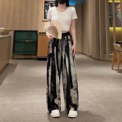 New Painting Ice Silk Wide-leg Baggy Trouser Pants Summer Women