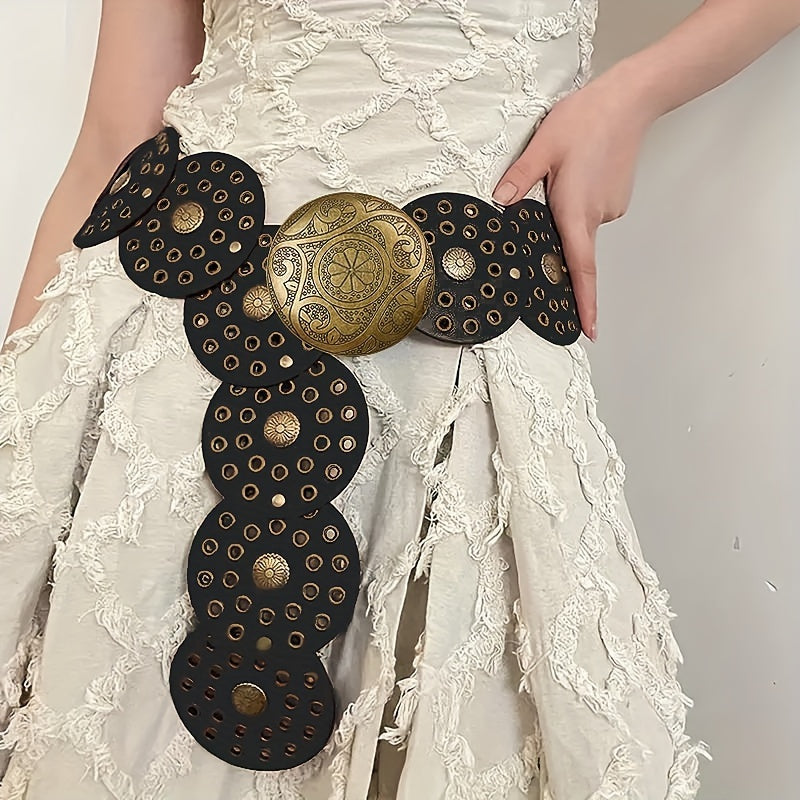 Ceinture large de cowboy occidental avec rivets dorés, en cuir PU, style Steampunk, avec grande boucle ronde vintage pour femme.