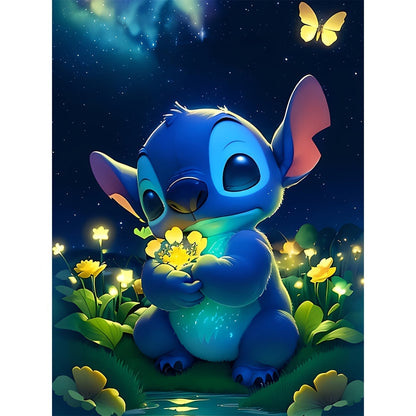 [Autorisé] Peinture diamant 5D Disney à faire soi-même, kit Lilo & Stitch de points et de fleurs lumineuses par numéro pour adultes, kit de peinture diamant rond complet, artisanat de peinture, décoration murale pour la maison
