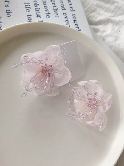 Temperament Flower Sweet Tulle Beaded Exaggerated Earrings
