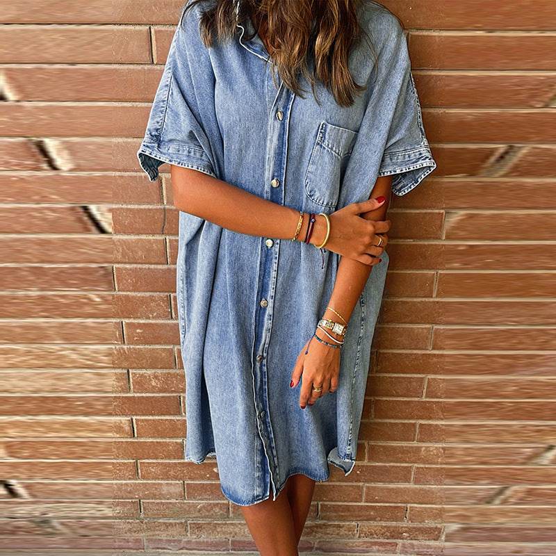 Women's Solid Color Single Row Multi-buckle loose Dress Short Sleeve Denim