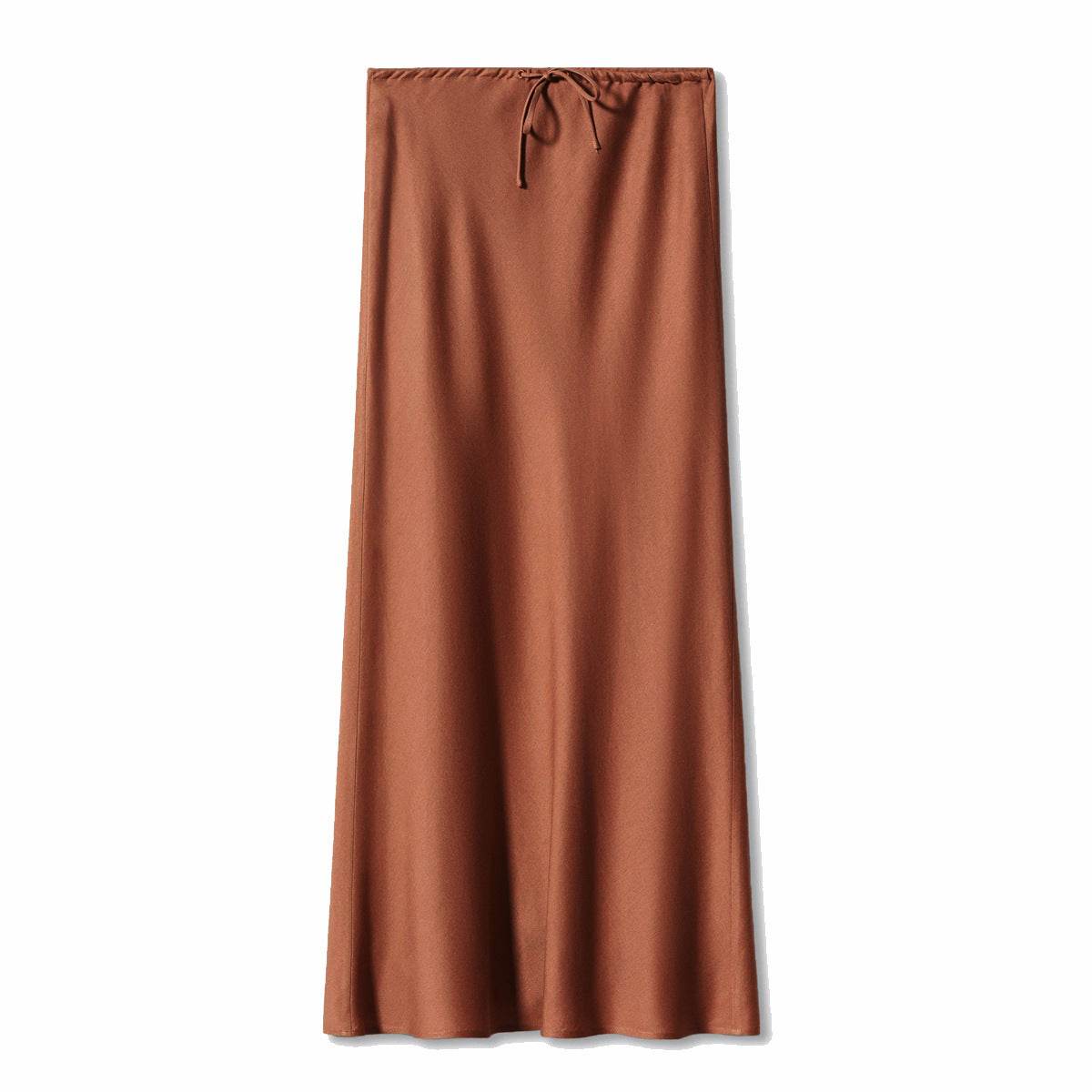 High Quality Satin Silk High Waist Drawstring Lace-up Solid Women Satin Midi Skirt