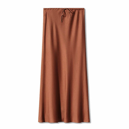 High Quality Satin Silk High Waist Drawstring Lace-up Solid Women Satin Midi Skirt