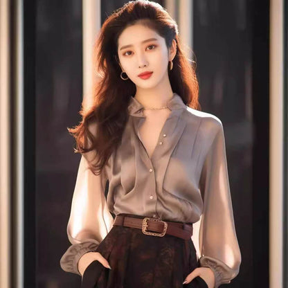 Chic And Beautiful Small Top Gray Blouse Shirt for Women
