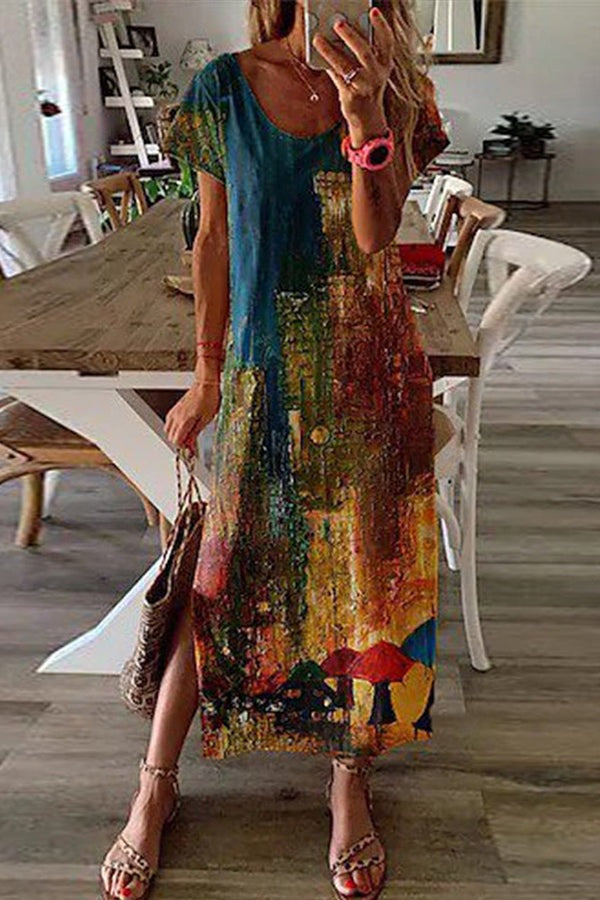 Women’s Elegant 3D Print Summer Dress – Split Hem Mid-Length Fashion Dress