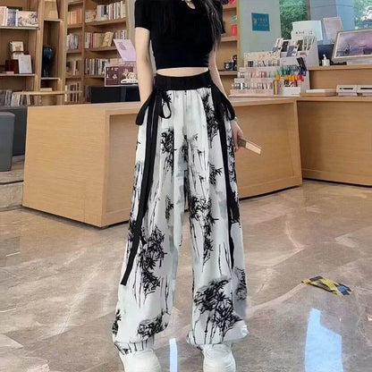 New Painting Ice Silk Wide-leg Baggy Trouser Pants Summer Women
