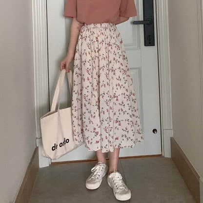 Casual Floral New Fresh High Waist Slimming Korean-style Midi A- Line Skirt