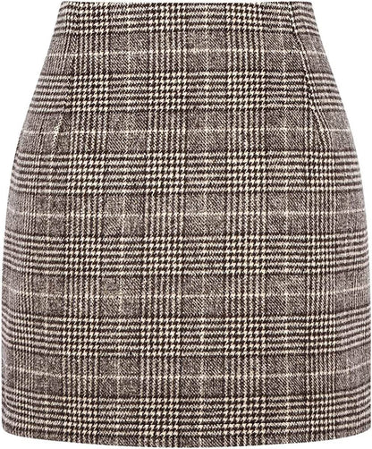 Women's High Waist Plaid Tight Pencil Wool Mini Skirt