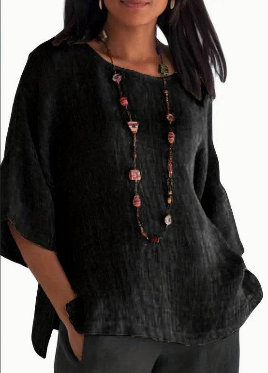 Women Fashion Casual blouse top 3/4 Sleeve Round Neck Blouses Summer Loose linen Tops Streetwear