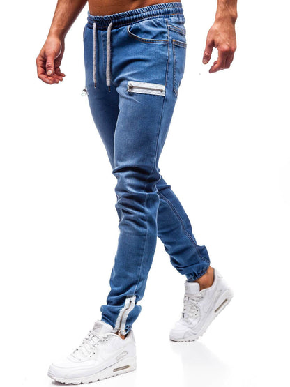 Pantalon jean homme décontracté en denim européen et américain avec fermeture éclair dépolie