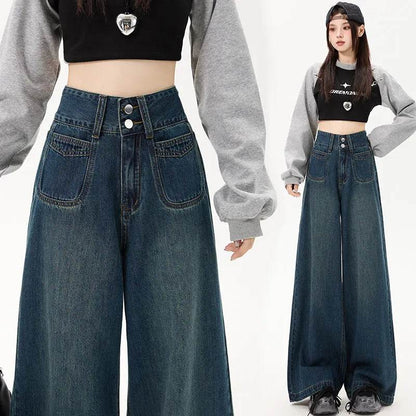 New Simple High Waist Casual Straight-leg Baggy Jeans Pant For Women