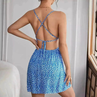Women Fashion Printed Casual Spaghetti Strap Backless Mini Skater Dress