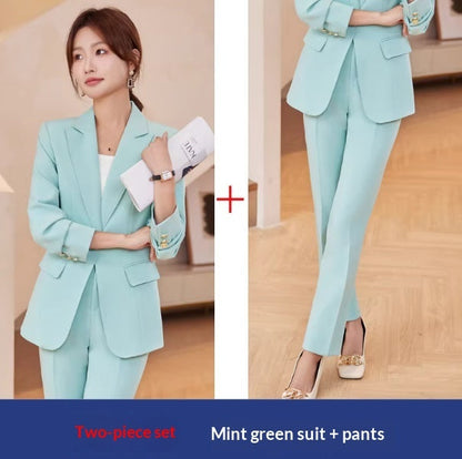 Women's Business Suit Set – Lapel Button-Down Blazer and Straight Leg Trousers