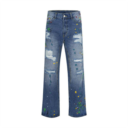 Ripped Paint Wide-leg Denim Trousers For Men Jeans