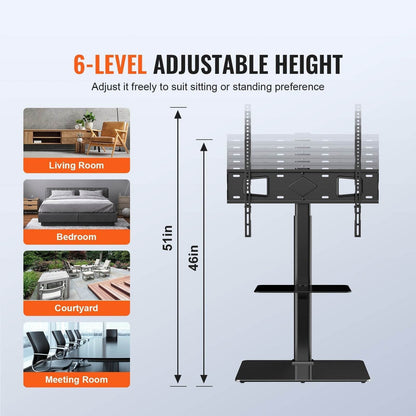 TV Stand Mount, Swivel Tall TV Stand For 32 To 65 Inch TVs, Height Adjustable Portable Floor TV Stand With Tempered Glass Base For Bedroom, Living Room