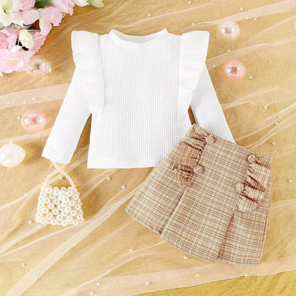 Ensemble deux pièces classique à rayures délavées et jupe courte à carreaux à manches longues pour bébé fille