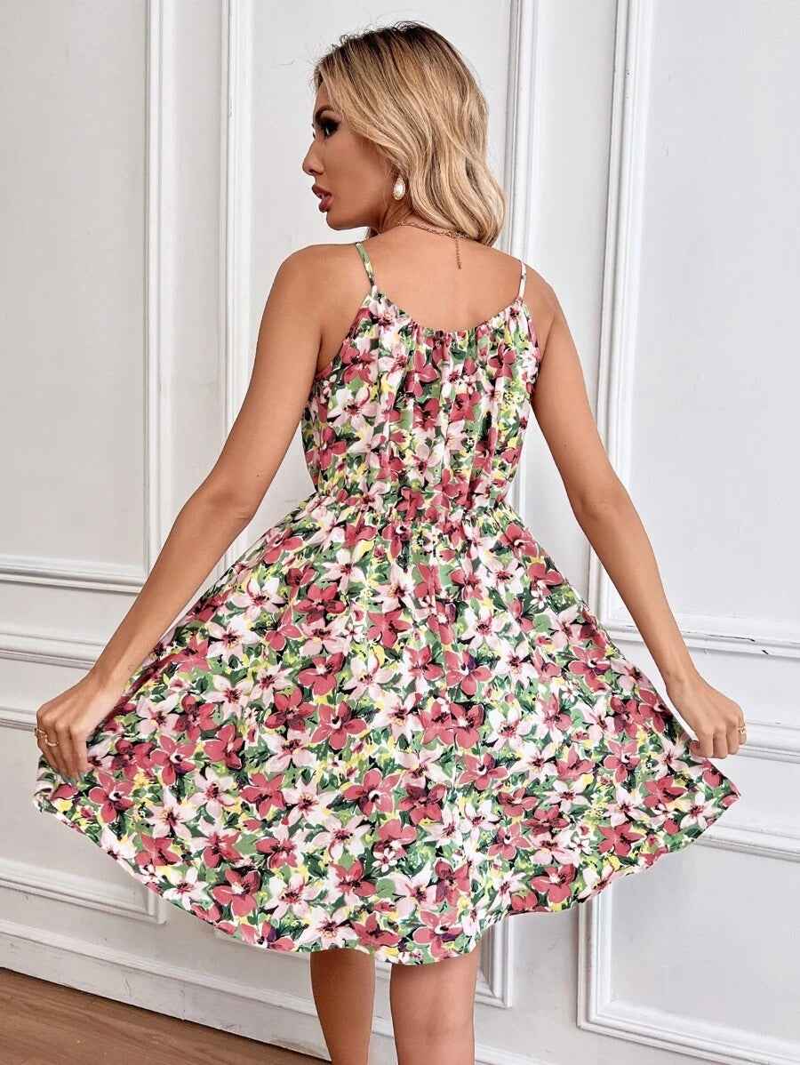 Floral Print Suspender Dress with Elastic Waist – Fashionable Summer Short Dress for Women
