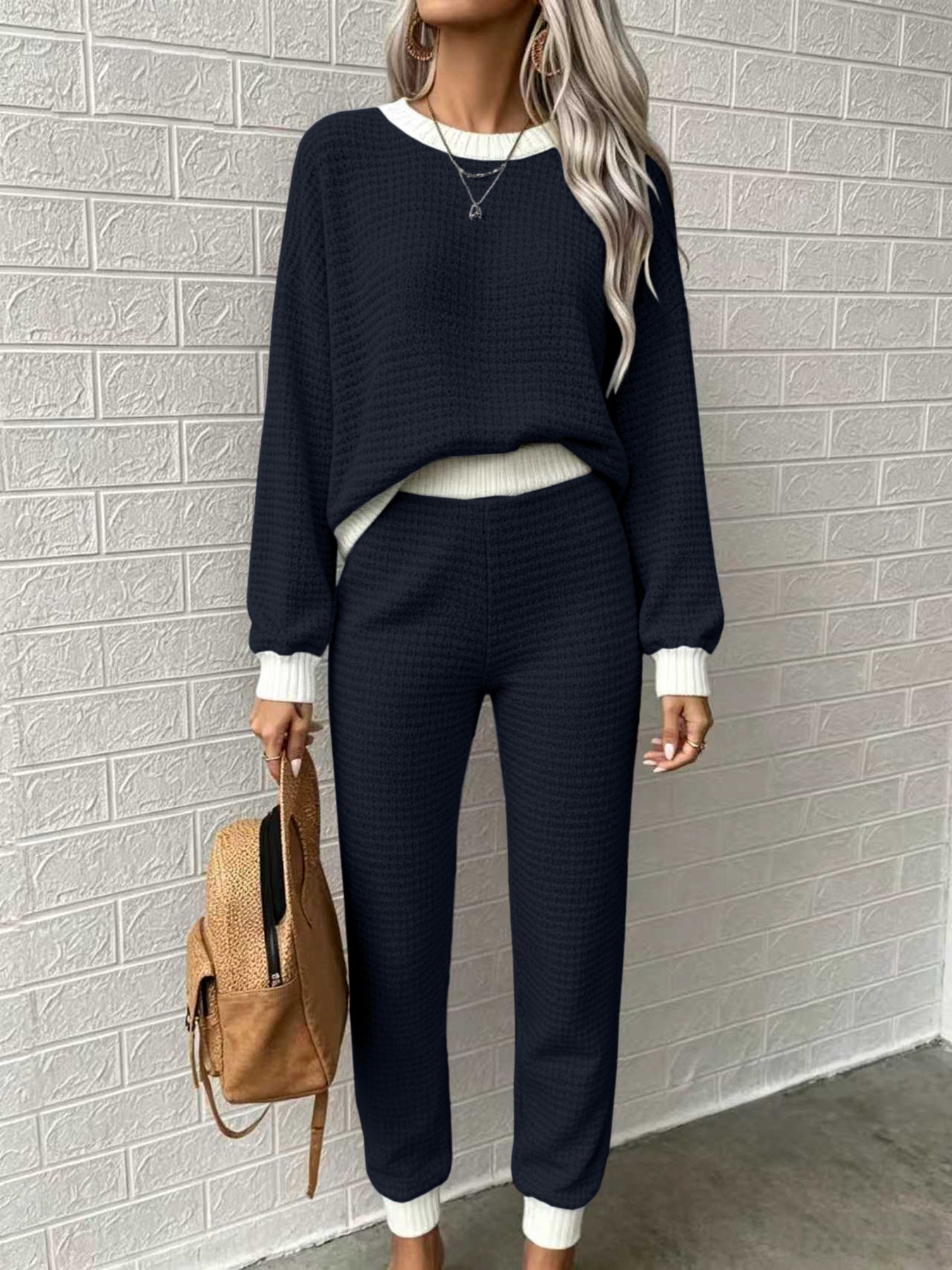 Women’s Waffle-Weave Sweatshirt & Pants Set – Casual Drawstring Crew-Neck Long-Sleeve Loungewear