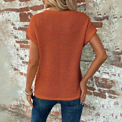 Chemise gaufrée décontractée d'été à manches courtes, Nouveau haut de soirée décontracté de couleur unie pour femme