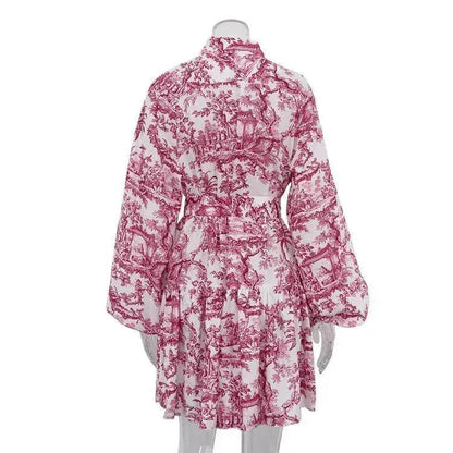 Ink Print Long Sleeve Floral Short Mini Skater Dress With Fashion Puffy Sleeve Lapel Tie A-Line Dress Clothing