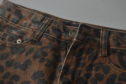 Leopard Print Mini Denim Skirt Women's High Waist Pencil Skirt
