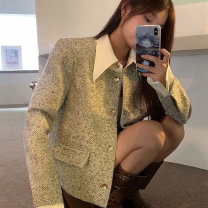 Women's Trendy Vintage Tweed Button-Up Long-Sleeve Top