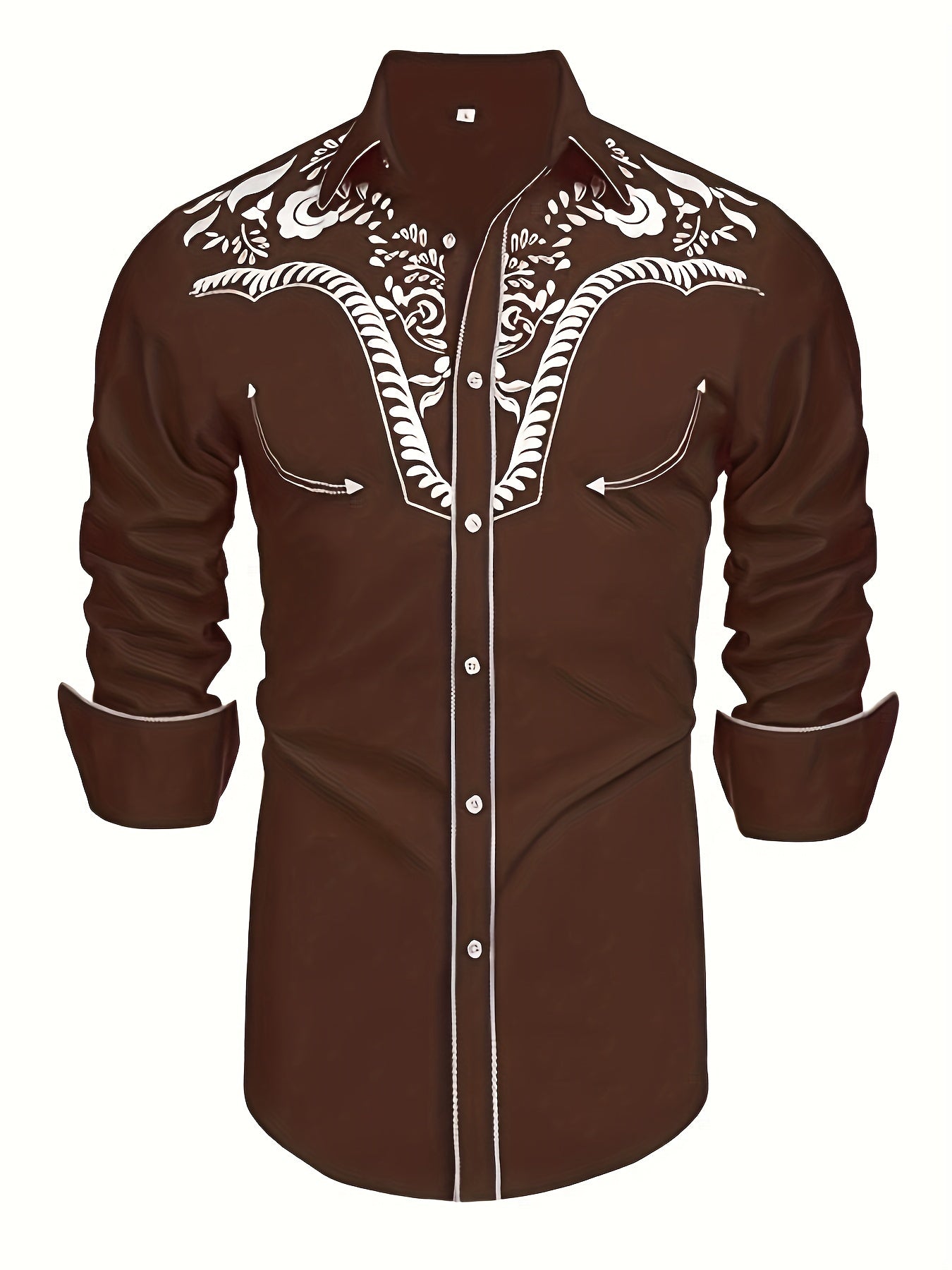 Western Cowboy Chic Long Sleeve Embroidered Shirt - Soft Cotton Blend, Elegant Design, Casual Style for Spring Fall Vacation Resort Wear - Men's Shirt for Outdoor Activities, Travel, and Leisure