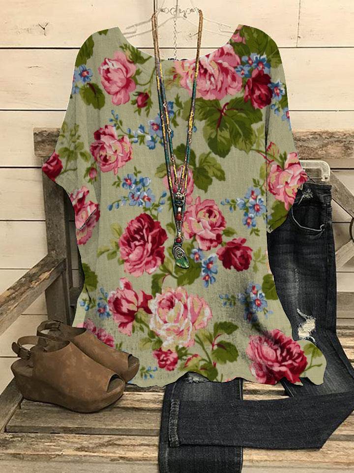 Summer Loose blouse Round Neck Short Sleeve Cotton And Linen Top For Women