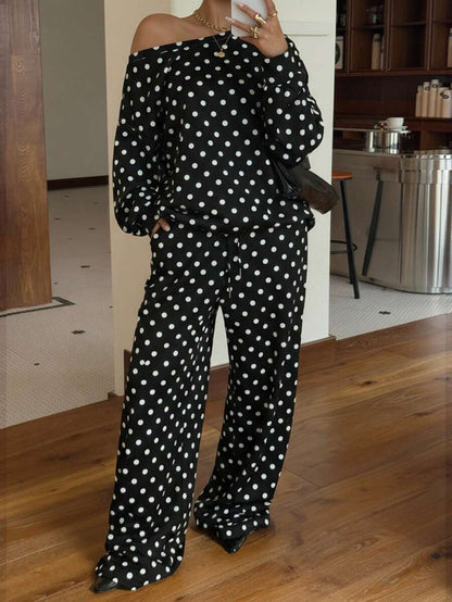 Women’s Polka-Dot Print Two-Piece Set – Long-Sleeve Sweatshirt & Loose-Fit Full-Length Pants