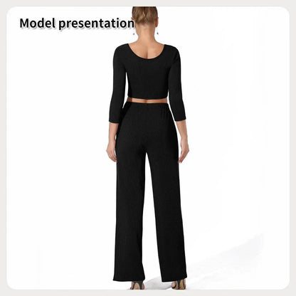 Women Fashion Casual Matching 2pcs set Long Sleeve Crop top and Pant set