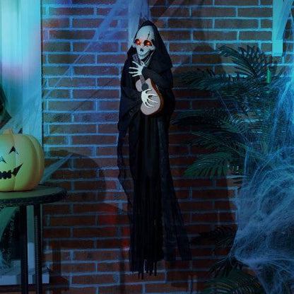 HOMCOM 4.3 Outdoor Halloween Decoration Animatronic Guitar-playing Grim Reaper, Sound And Motion Activated Animated Prop With Light Up Eyes  Guitar Music
