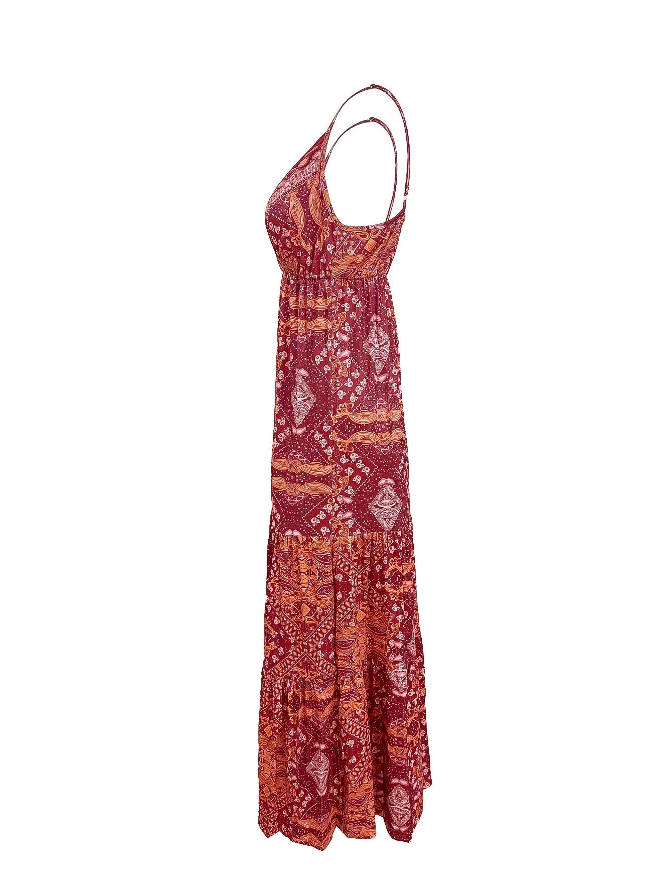 Women's Summer Boho Floral Print High-Waist V-Neck Spaghetti Strap Loose Maxi Dress