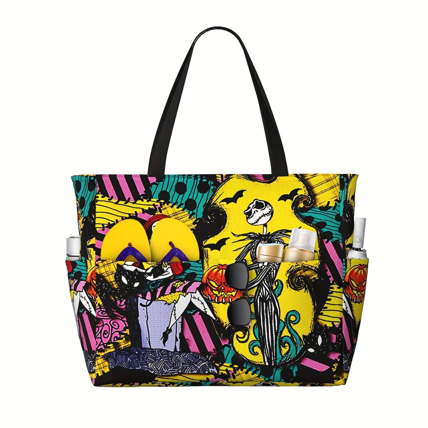 UME Disney Nightmare Before Christmas Jack & Sally Tote Bag - Large Capacity, Durable Polyester Shoulder Bag for Travel, Work, Shopping - Perfect Halloween & Christmas Gift
