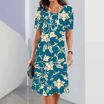 Women’s 3D Floral Print Party Dress – Blue Round-Neck Sleeveless Elegant Dress