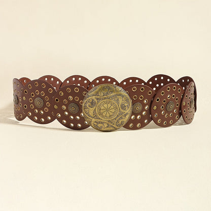 Western Cowboy Wide Belt Golden Rivet Steampunk Circles PU Leather Waistband Vintage Large Round Buckle Waist Belt Girdle For Women