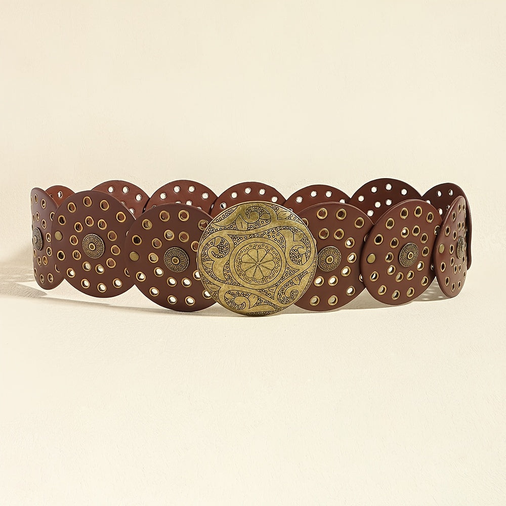 Ceinture large de cowboy occidental avec rivets dorés, en cuir PU, style Steampunk, avec grande boucle ronde vintage pour femme.