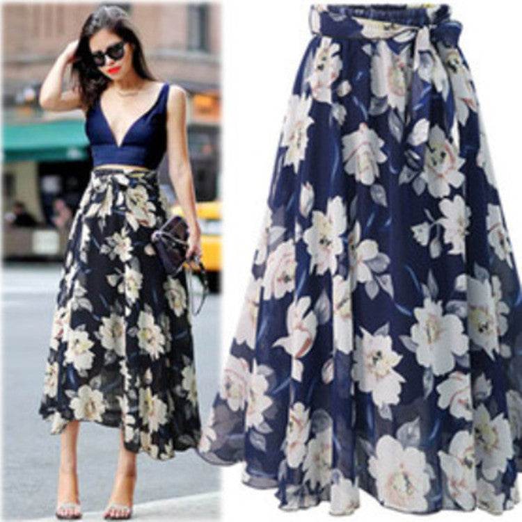 Jupe Longue Formelle Femme Taille Haute Florale Évasée en Mousseline de Soie pour le Bureau