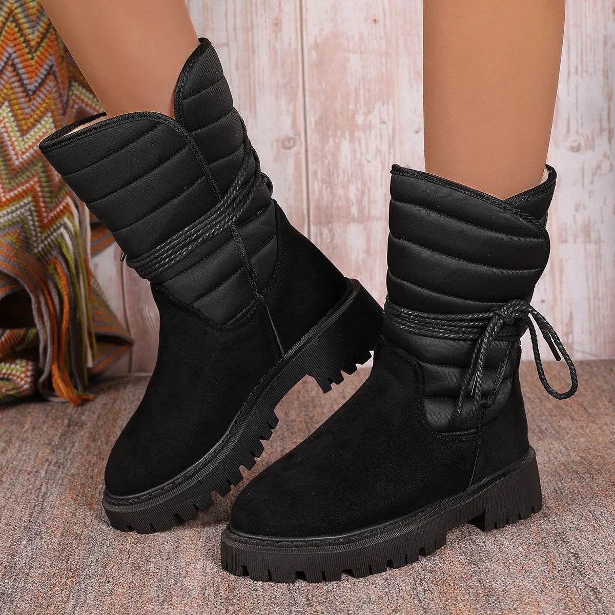 Bottes de neige mi-mollet tendance avec lacets, bottes d'hiver chaudes et épaisses à talon bas, chaussures décontractées pour femmes, pour l'extérieur