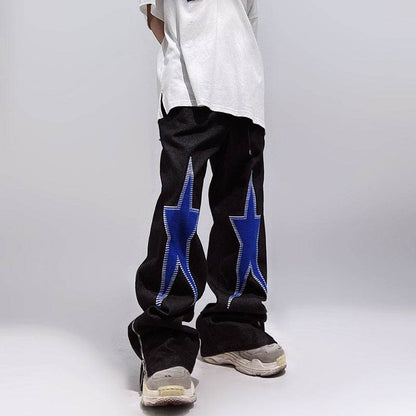 Five-pointed Star Embroidery Denim Horn Loose Straight Casual All-match Mop Jeans Baggy Trousers Men