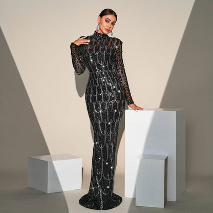 Long Sleeve Slim-fit Sequined Banquet Evening Dress